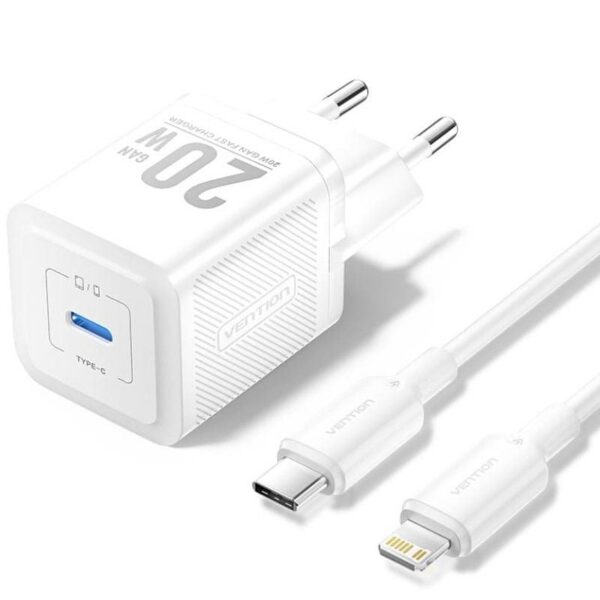 Cargador de Pared GaN Vention TZ-FEPW0-EU-02/ 1xUSB Tipo-C + Cable Lightning/ 20W 6922794786301 TZ-FEPW0-EU-02 VEN-CARGA TZ-FEPW0-EU-02