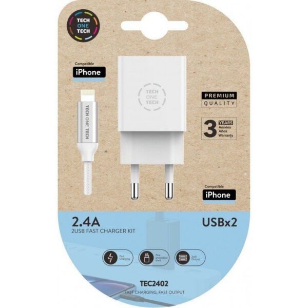 Cargador de Pared Tech One Tech TEC2402/ 2xUSB + Cable Lightning/ 12W/ Blanco 8436546592266 TEC2402 TOT-CAR TEC2402