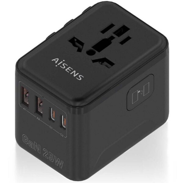 Cargador de Pared Universal GaN para Viaje Aisens ASPS-2A2C08-BK/ Toma de Corriente Universal/ 2xUSB Tipo-C/ 2xUSB/ 25W 8435739902974 ASPS-2A2C08-BK AIS-CARGA ASPS-2A2C08-BK
