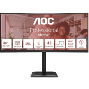 Monitor Profesional Ultraparonámico Curvo AOC CU34E4CV 34"/ WQHD/ Multimedia/ Regulable en altura/ Negro 4038986112864 CU34E4CV AOC-M CU34E4CV
