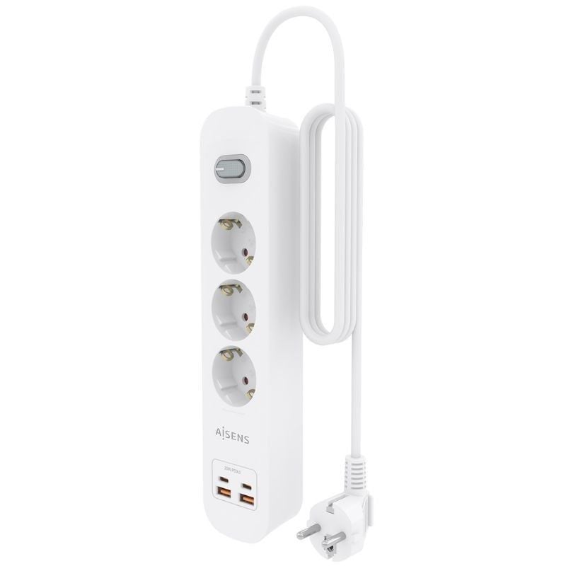 Regleta con Interruptor Aisens ASPS-2A2C10-W/ 3 Tomas de Corriente/ 2 USB - 2 USB Tipo-C/ Cable 1.4m/ Blanco - Imagen 3