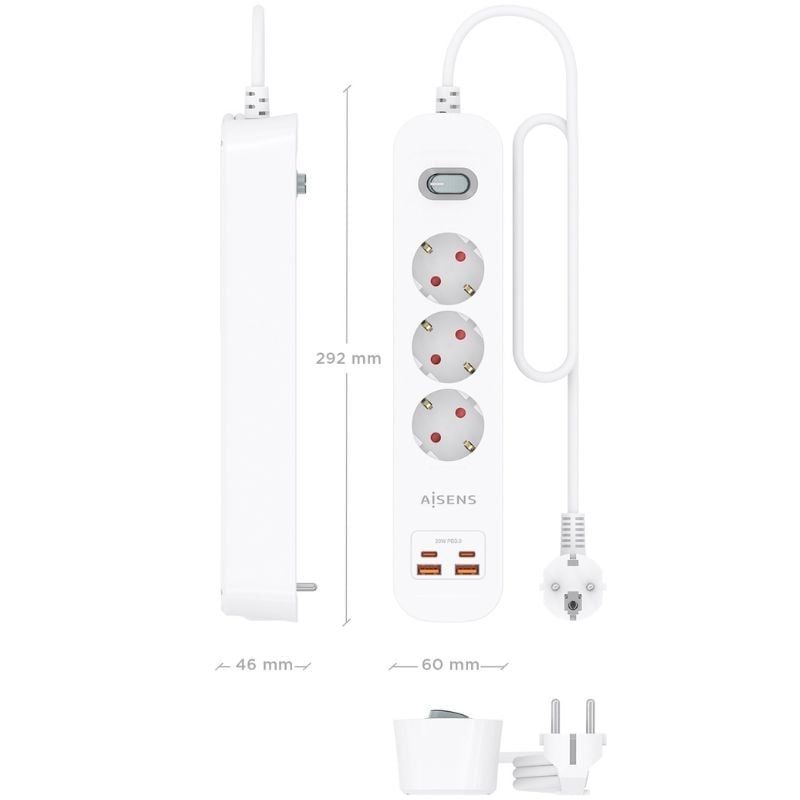 Regleta con Interruptor Aisens ASPS-2A2C10-W/ 3 Tomas de Corriente/ 2 USB - 2 USB Tipo-C/ Cable 1.4m/ Blanco - Imagen 4