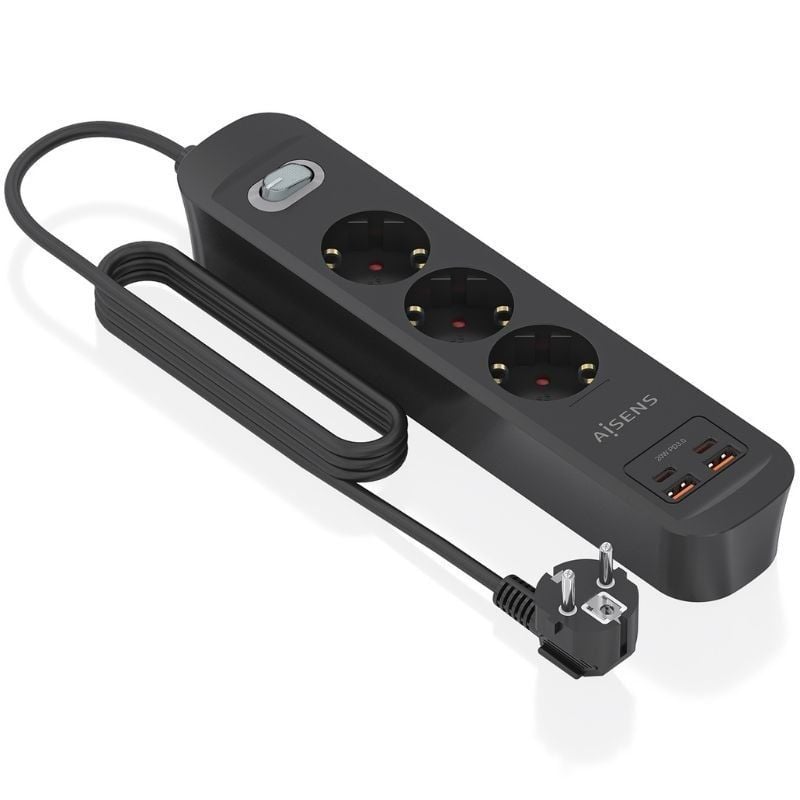 Regleta con Interruptor Aisens ASPS-2A2C11-BK/ 3 Tomas de Corriente/ 2 USB - 2 USB Tipo-C/ Cable 1.4m/ Negro - Imagen 2