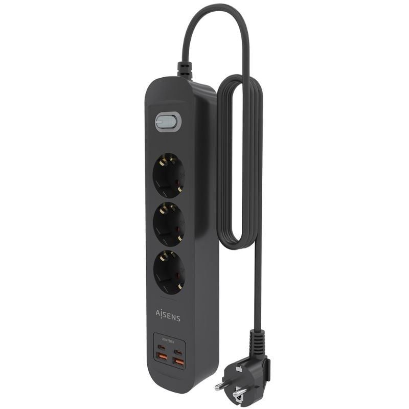 Regleta con Interruptor Aisens ASPS-2A2C11-BK/ 3 Tomas de Corriente/ 2 USB - 2 USB Tipo-C/ Cable 1.4m/ Negro - Imagen 3