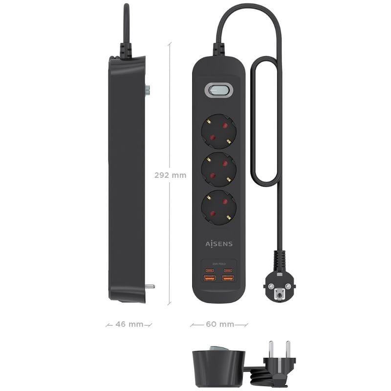 Regleta con Interruptor Aisens ASPS-2A2C11-BK/ 3 Tomas de Corriente/ 2 USB - 2 USB Tipo-C/ Cable 1.4m/ Negro - Imagen 4