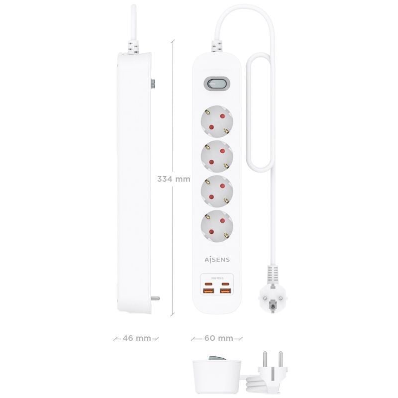 Regleta con Interruptor Aisens ASPS-2A2C12-W/ 4 Tomas de Corriente/ 2 USB - 2 USB Tipo-C/ Cable 1.4m/ Blanco - Imagen 3