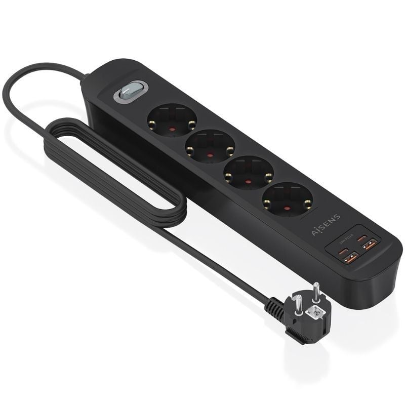 Regleta con Interruptor Aisens ASPS-2A2C13-BK/ 4 Tomas de Corriente/ 2 USB - 2 USB Tipo-C/ Cable 1.4m/ Negro - Imagen 2