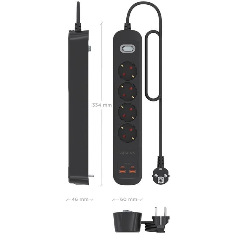 Regleta con Interruptor Aisens ASPS-2A2C13-BK/ 4 Tomas de Corriente/ 2 USB - 2 USB Tipo-C/ Cable 1.4m/ Negro - Imagen 3