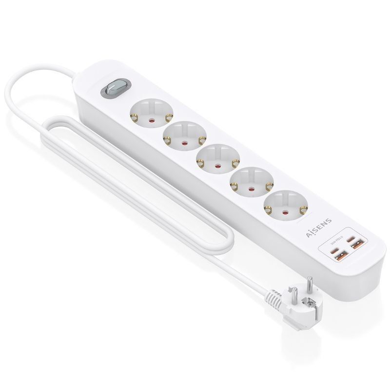 Regleta con Interruptor Aisens ASPS-2A2C14-W/ 5 Tomas de Corriente/ 2 USB - 2 USB Tipo-C/ Cable 1.4m/ Blanco - Imagen 2