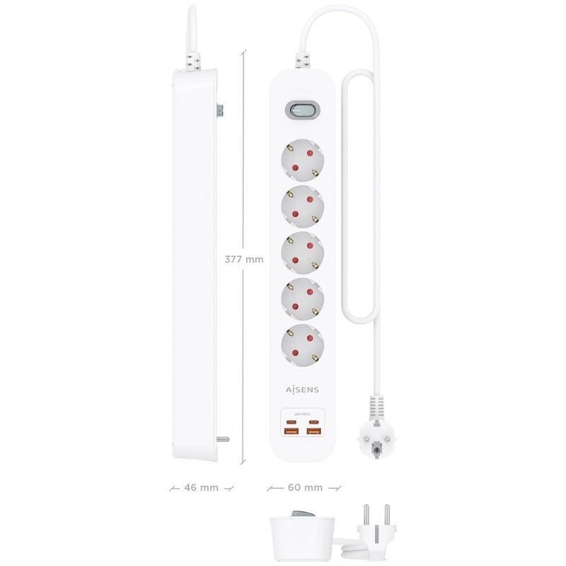Regleta con Interruptor Aisens ASPS-2A2C14-W/ 5 Tomas de Corriente/ 2 USB - 2 USB Tipo-C/ Cable 1.4m/ Blanco - Imagen 4