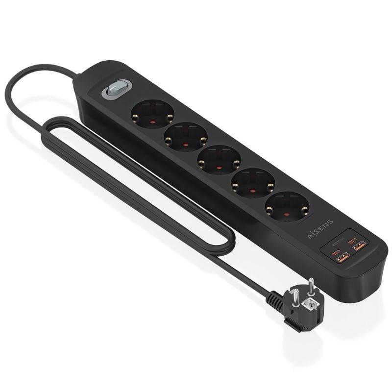 Regleta con Interruptor Aisens ASPS-2A2C15-BK/ 5 Tomas de Corriente/ 2 USB - 2 USB Tipo-C/ Cable 1.4m/ Negro - Imagen 2