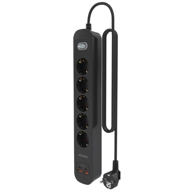 Regleta con Interruptor Aisens ASPS-2A2C15-BK/ 5 Tomas de Corriente/ 2 USB - 2 USB Tipo-C/ Cable 1.4m/ Negro - Imagen 3