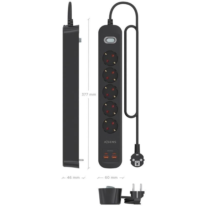 Regleta con Interruptor Aisens ASPS-2A2C15-BK/ 5 Tomas de Corriente/ 2 USB - 2 USB Tipo-C/ Cable 1.4m/ Negro - Imagen 4