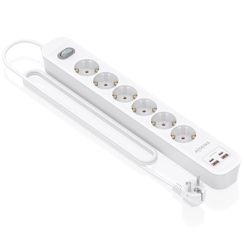 Regleta con Interruptor Aisens ASPS-2A2C16-W/ 6 Tomas de Corriente/ 2 USB - 2 USB Tipo-C/ Cable 1.4m/ Blanco - Imagen 2