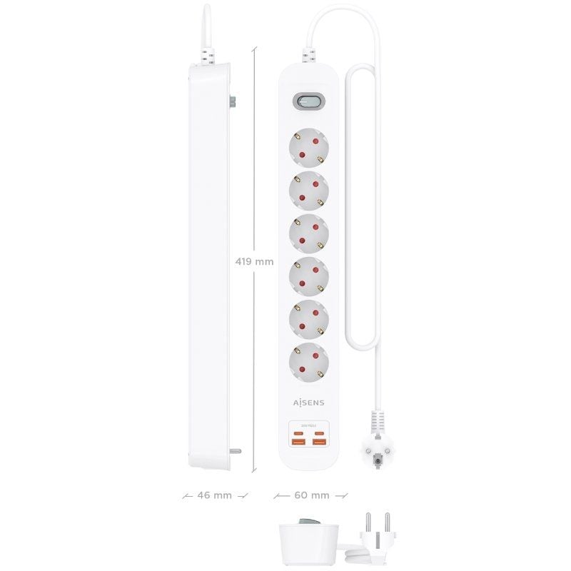 Regleta con Interruptor Aisens ASPS-2A2C16-W/ 6 Tomas de Corriente/ 2 USB - 2 USB Tipo-C/ Cable 1.4m/ Blanco - Imagen 3