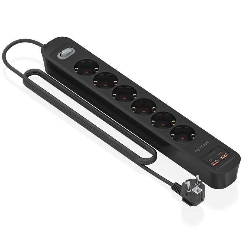 Regleta con Interruptor Aisens ASPS-2A2C17-BK/ 6 Tomas de Corriente/ 2 USB - 2 USB Tipo-C/ Cable 1.4m/ Negro - Imagen 2