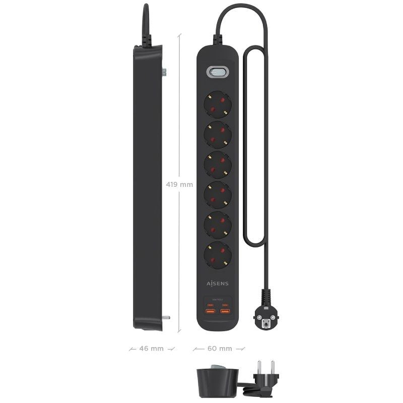 Regleta con Interruptor Aisens ASPS-2A2C17-BK/ 6 Tomas de Corriente/ 2 USB - 2 USB Tipo-C/ Cable 1.4m/ Negro - Imagen 3