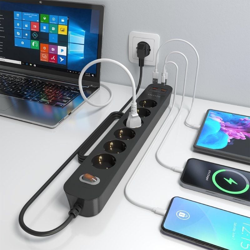 Regleta con Interruptor Aisens ASPS-2A2C17-BK/ 6 Tomas de Corriente/ 2 USB - 2 USB Tipo-C/ Cable 1.4m/ Negro - Imagen 4