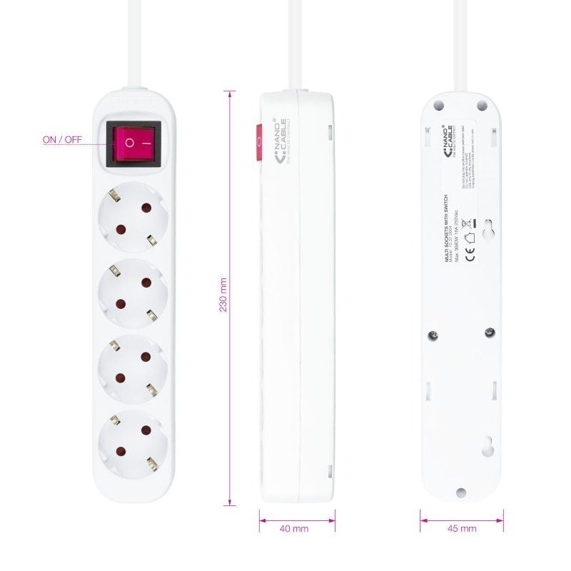 Regleta con Interruptor Nanocable 10.37.0004/ 4 Tomas de Corriente/ Cable 1.4m/ Blanca - Imagen 3