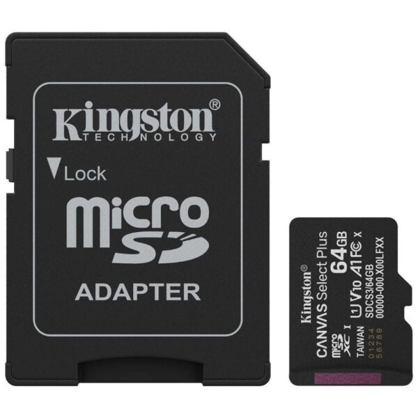 Tarjeta de Memoria Kingston CANVAS Select Plus 64GB microSD XC con Adaptador/ Clase 10/ 100MBs 740617348408 SDCS3/64GB KIN-MICROSD SDCS3 64GB