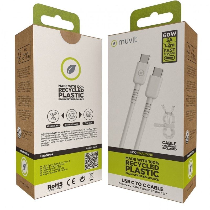 Cable USB 2.0 Tipo-C Muvit For Change MCUSC0008/ USB Tipo-C Macho - USB Tipo-C/ Hasta 60W/ 480Mbps/ 1.2m/ Blanco - Imagen 4
