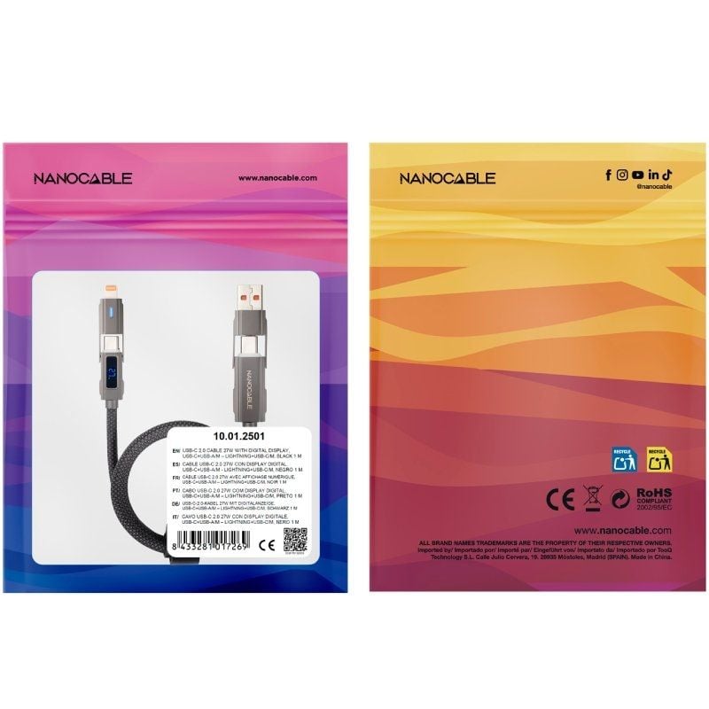 Cable USB 2.0 Tipo-C Nanocable 10.01.2501/ USB Tipo-C Macho + USB Macho - USB Tipo-C Macho + Lightning Macho/ Hasta 27W/ 480Mbps/ 1m/ Negro - Imagen 3