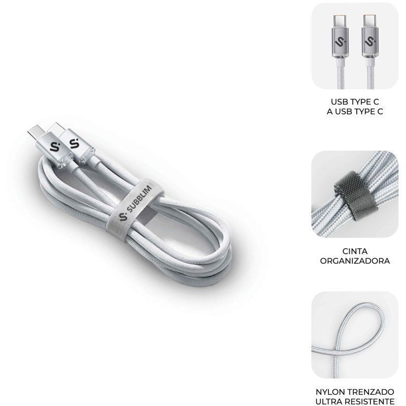 Cable USB 2.0 Tipo-C Subblim Optimus/ USB Tipo-C Macho - USB Tipo-C Macho/ Hasta 60W/ 480Mbps/ 1m/ Blanco - Imagen 2