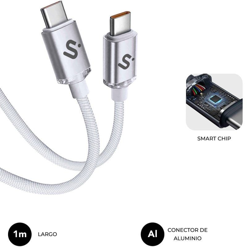 Cable USB 2.0 Tipo-C Subblim Optimus/ USB Tipo-C Macho - USB Tipo-C Macho/ Hasta 60W/ 480Mbps/ 1m/ Blanco - Imagen 3