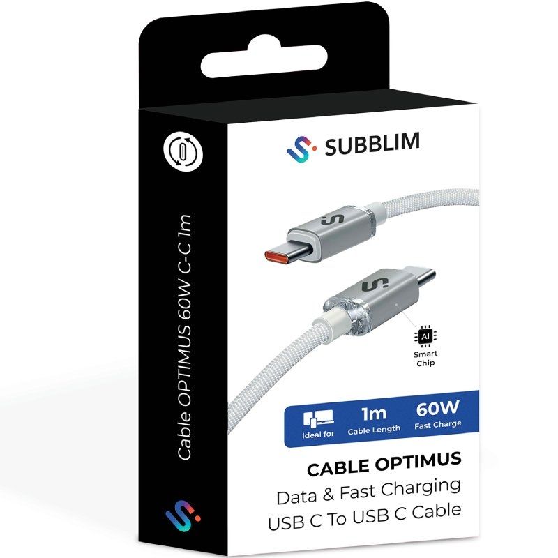 Cable USB 2.0 Tipo-C Subblim Optimus/ USB Tipo-C Macho - USB Tipo-C Macho/ Hasta 60W/ 480Mbps/ 1m/ Blanco - Imagen 5