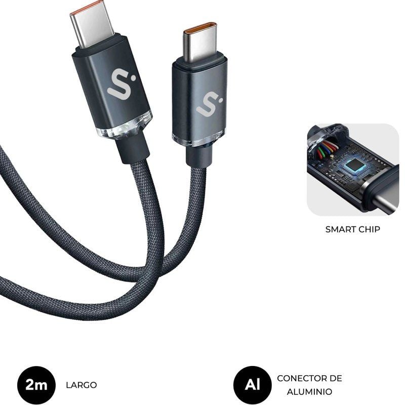 Cable USB 2.0 Tipo-C Subblim Optimus/ USB Tipo-C Macho - USB Tipo-C Macho/ Hasta 60W/ 480Mbps/ 2m/ Negro - Imagen 3