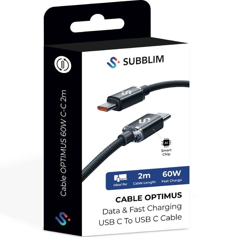 Cable USB 2.0 Tipo-C Subblim Optimus/ USB Tipo-C Macho - USB Tipo-C Macho/ Hasta 60W/ 480Mbps/ 2m/ Negro - Imagen 5