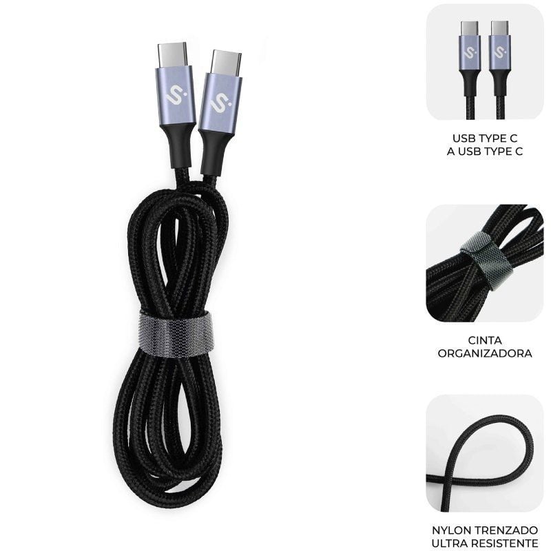Cable USB 2.0 Tipo-C Subblim Plus/ USB Tipo-C Macho - USB Tipo-C Macho/ Hasta 100W/ 480Mbps/ 1m/ Negro - Imagen 2