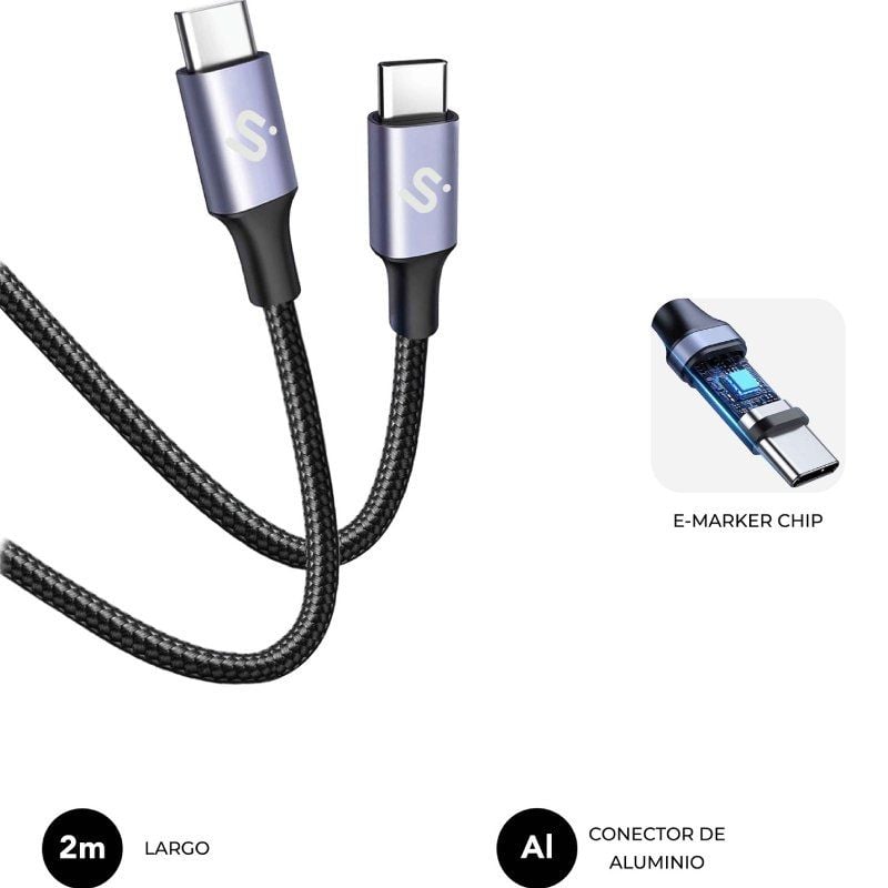 Cable USB 2.0 Tipo-C Subblim Plus/ USB Tipo-C Macho - USB Tipo-C Macho/ Hasta 100W/ 480Mbps/ 1m/ Negro - Imagen 3