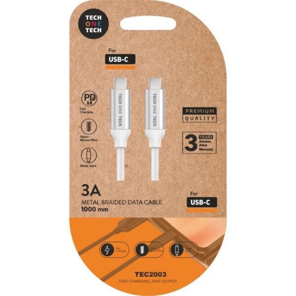 Cable USB 2.0 Tipo-C Tech One Tech TEC2204/ USB Tipo-C Macho - USB Tipo-C Macho/ Hasta 20W/ 480Mbps/ 1m/ Blanco 8436546593089 TEC2204 TOT-CAB TEC2204