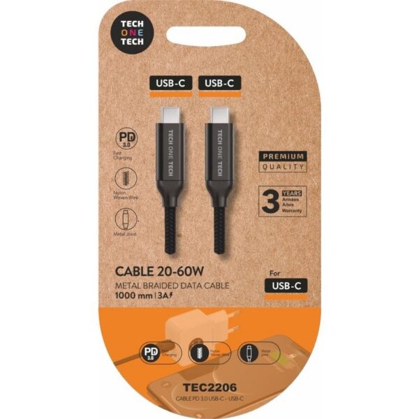 Cable USB 2.0 Tipo-C Tech One Tech TEC2206/ USB Tipo-C Macho - USB Tipo-C Macho/ Hasta 60W/ 480Mbps/ 1m/ Negro 8436546594765 TEC2206 TOT-CAB TEC2206