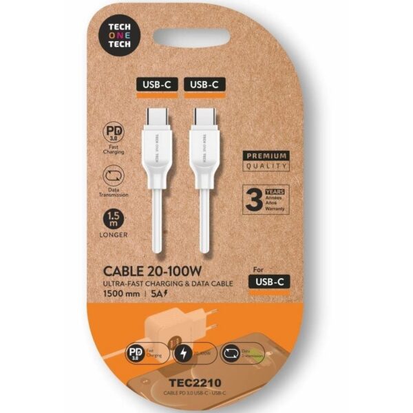 Cable USB 2.0 Tipo-C Tech One Tech TEC2210/ USB Tipo-C Macho - USB Tipo-C Macho/ Hasta 100W/ 480Mbps/ 1.5m/ Blanco 8436546594772 TEC2210 TOT-CAB TEC2210