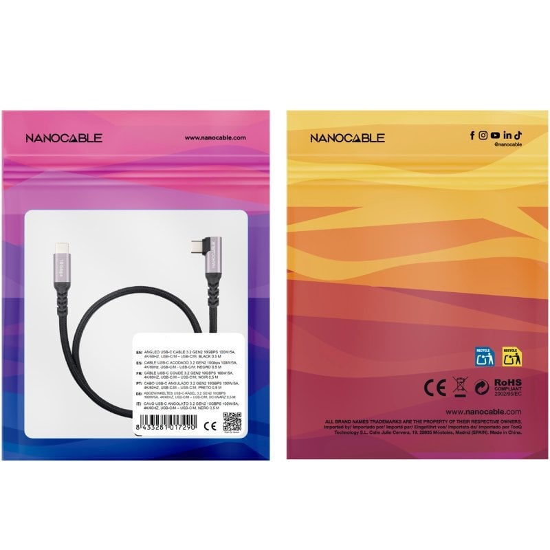 Cable USB 3.2 Tipo-C Acodado Nanocable 10.01.4701/ USB Tipo-C Macho - USB Tipo-C Macho/ Hasta 100W/ 10Gbps/ 1m/ Negro - Imagen 3