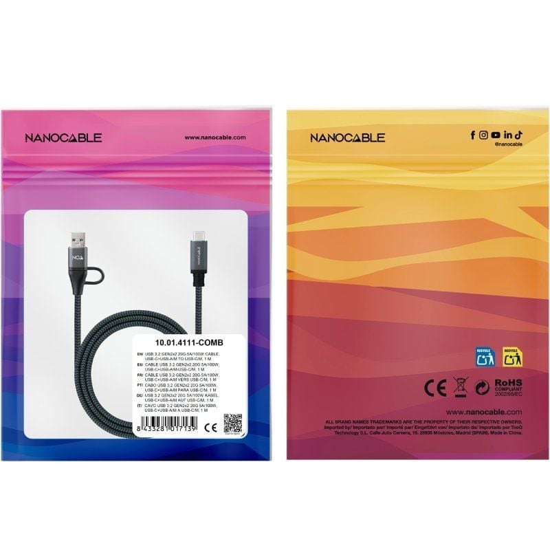 Cable USB 3.2 Tipo-C Nanocable 10.01.4111-COMB/ USB Tipo-C Macho + USB Macho - USB Tipo-C Macho/ Hasta 100W/ 20Gbps/ 1m/ Gris y Negro - Imagen 3