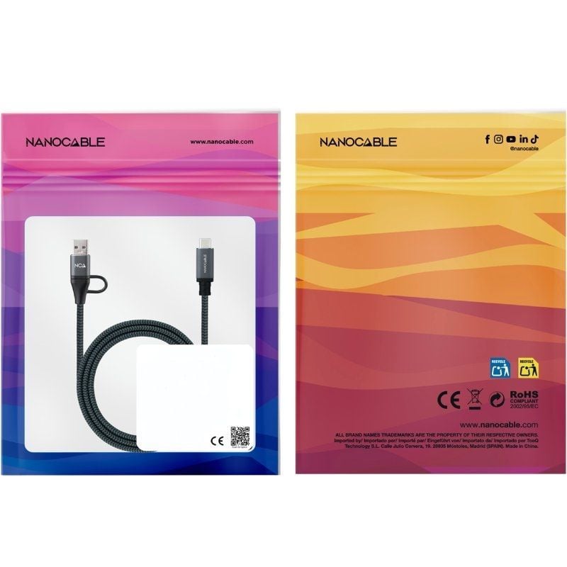 Cable USB 3.2 Tipo-C Nanocable 10.01.4112-COMB/ USB Tipo-C Macho + USB Macho - USB Tipo-C Macho/ Hasta 100W/ 20Gbps/ 2m/ Gris y Negro - Imagen 3