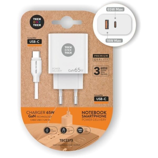 Cargador de Pared GaN Tech One Tech PD TEC2273 / 1xUSB Tipo-C/ 1xUSB/ 65W 8436546593720 TEC2273 TOT-CAR TEC2273