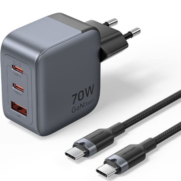 Cargador de Pared GaN Vention TZ-FEXH0-EU/ 2xUSB Tipo-C/ 1xUSB + Cable USB Tipo-C/ 70W 6922794789159 TZ-FEXH0-EU VEN-CARGA TZ-FEXH0-EU