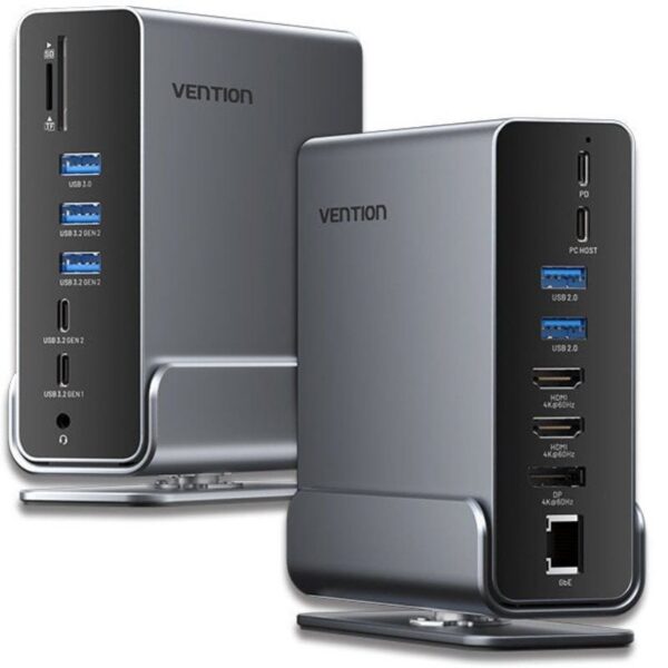 Docking USB Tipo-C Vention TPUH0/ 2xHDMI 4K/ 1xDisplayPort/ 3xUSB Tipo-C/ 5xUSB/ 1xRJ45/ 1xLector de Tarjetas/ 1xJack 3.5/ 1xUSB Tipo-C PD/ Gris 6922794779136 TPUH0 VEN-DOCK TPUH0