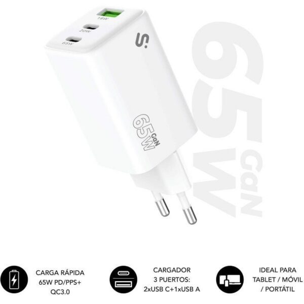 Cargador de Pared GaN Subblim 65W Charger USB C+C+A/ 2xUSB Tipo-C/ 1xUSB/ 65W 8436586743505 SUBCHG-6G6530 SUB-CARGA SUBCHG-6G6530