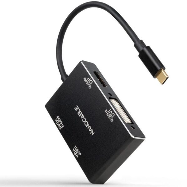 Conversor Nanocable 10.16.4307/ USB Tipo-C Macho - VGA Hembra/ DVI Hembra/ HDMI Hembra/ DisplayPort Hembra/ 10cm/ Negro 8433281014220 10.16.4307 NAN-ADP 10 16 4307